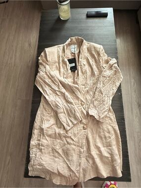 Linen-Blend Long Sleeve Dress Coat in Blush Beige